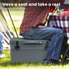 Gray rotomolded cooler with integrated cup holders, supporting up to 220 lbs, ideal for camping or outdoor use.
