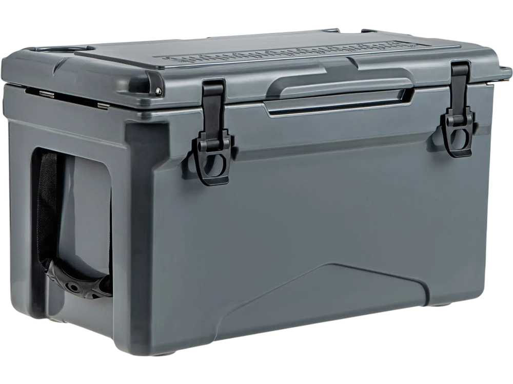 Rotomolded cooler in gray with integrated cup holders, bottle opener, and 30-quart capacity for outdoor activities.
