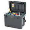 25 QT gray hard cooler with aluminum handle, integrated cup holders, and drinks inside, perfect for camping and picnics.