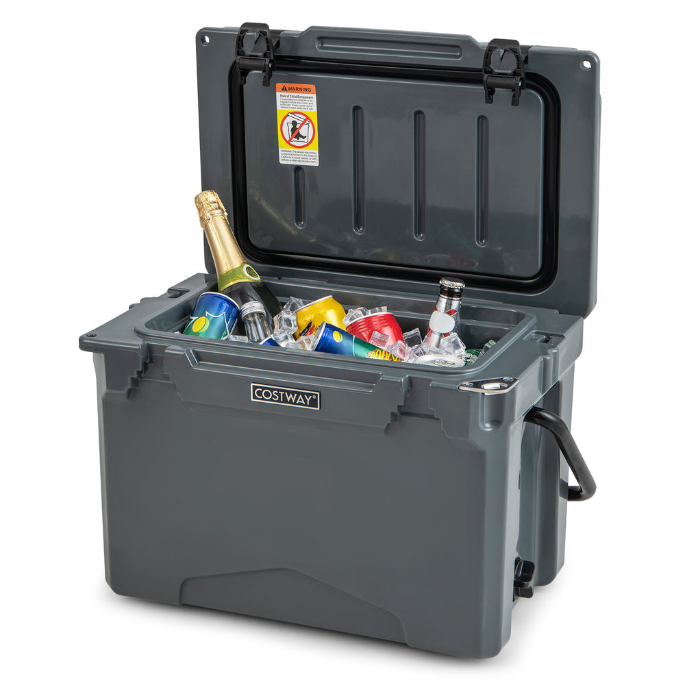 25 QT gray hard cooler with aluminum handle, integrated cup holders, and drinks inside, perfect for camping and picnics.