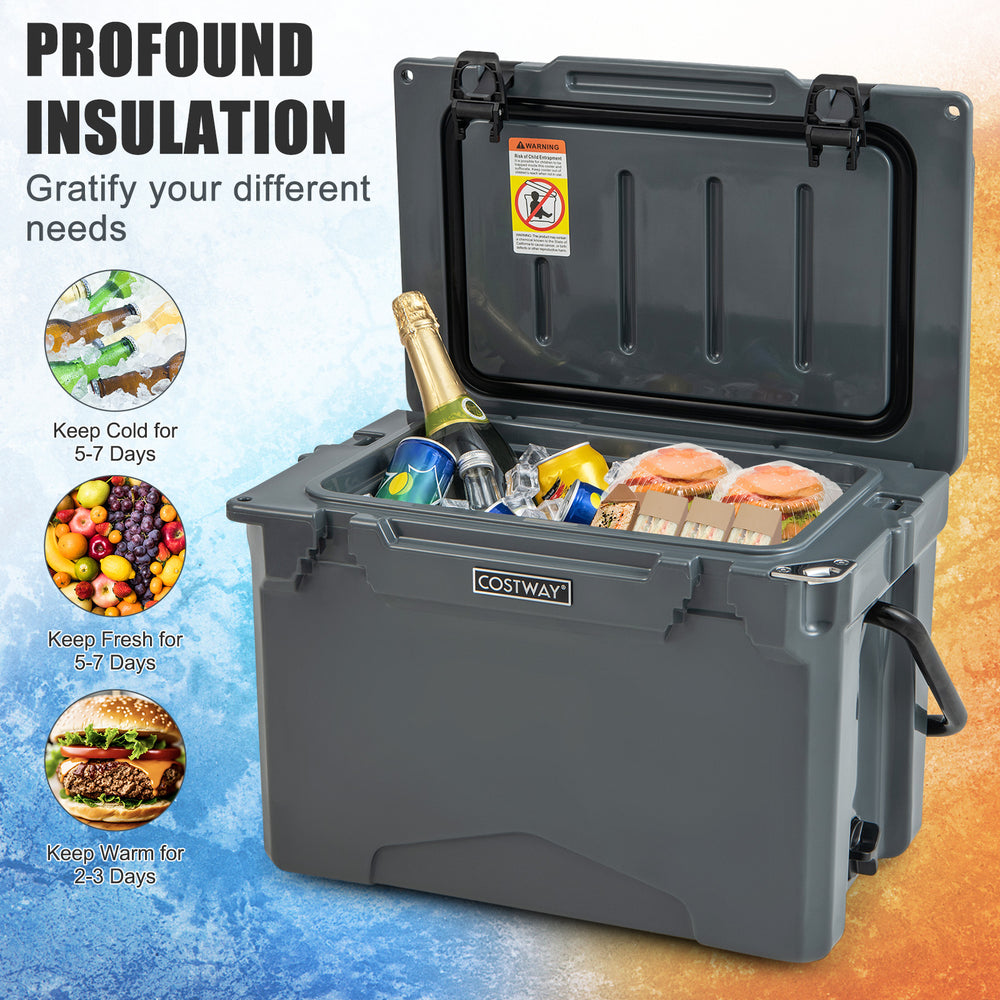 25 QT gray hard cooler with aluminum handle, integrated cup holders, and sealed gasket for 5-7 days ice retention.