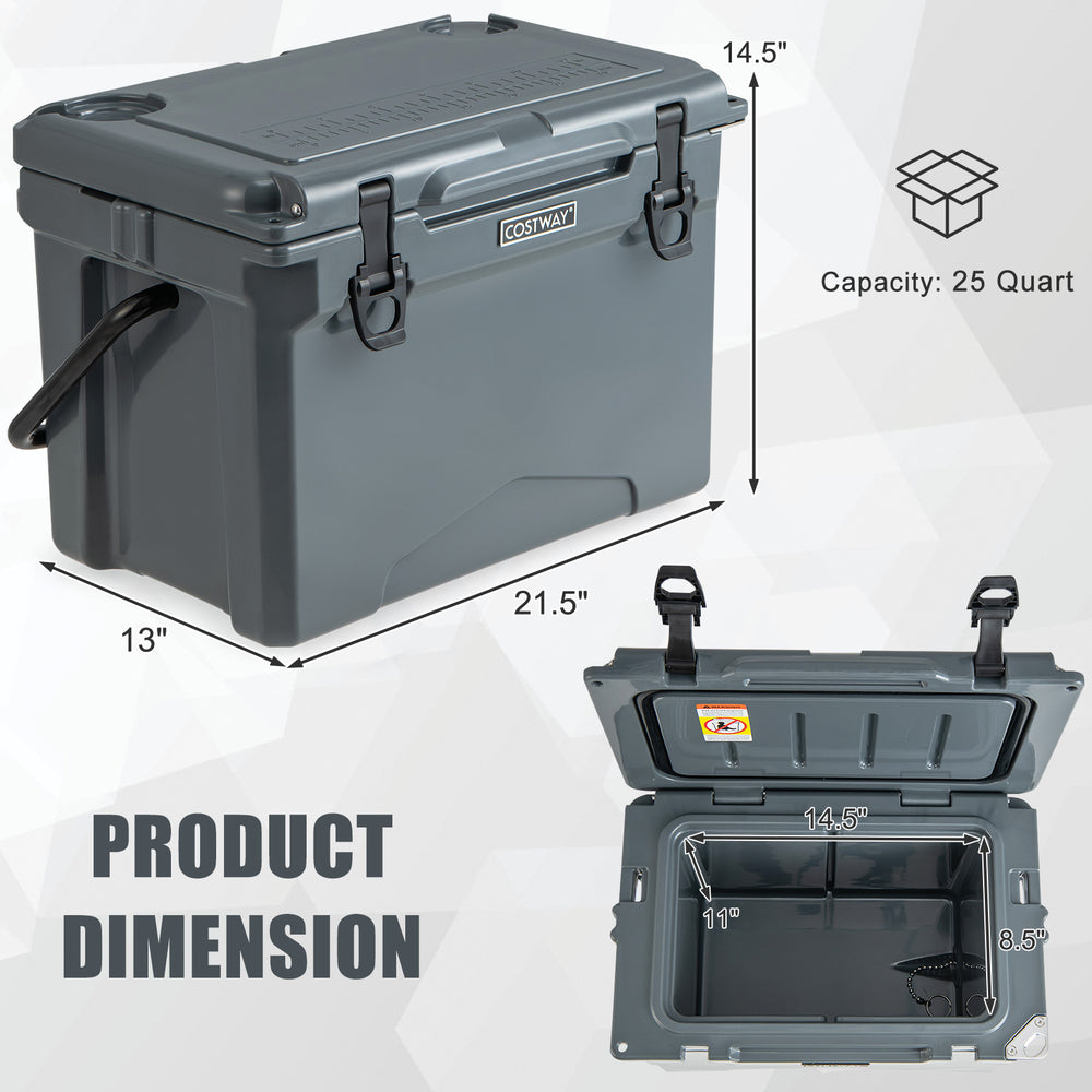 25 QT gray hard cooler with aluminum handle, integrated cup holders, and dimensions for camping and outdoor use.