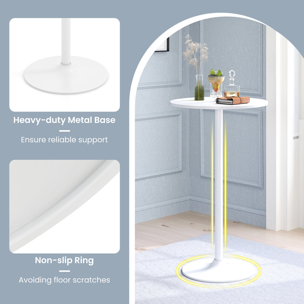 Round bistro table with a heavy-duty metal base, 40-inch height, and detachable pole for versatile use in any space.