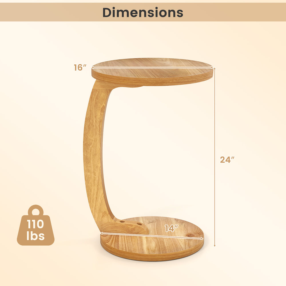 C-shaped side table with solid teak wood, 24-inch height, 16-inch top, and 14-inch base for space-saving convenience.