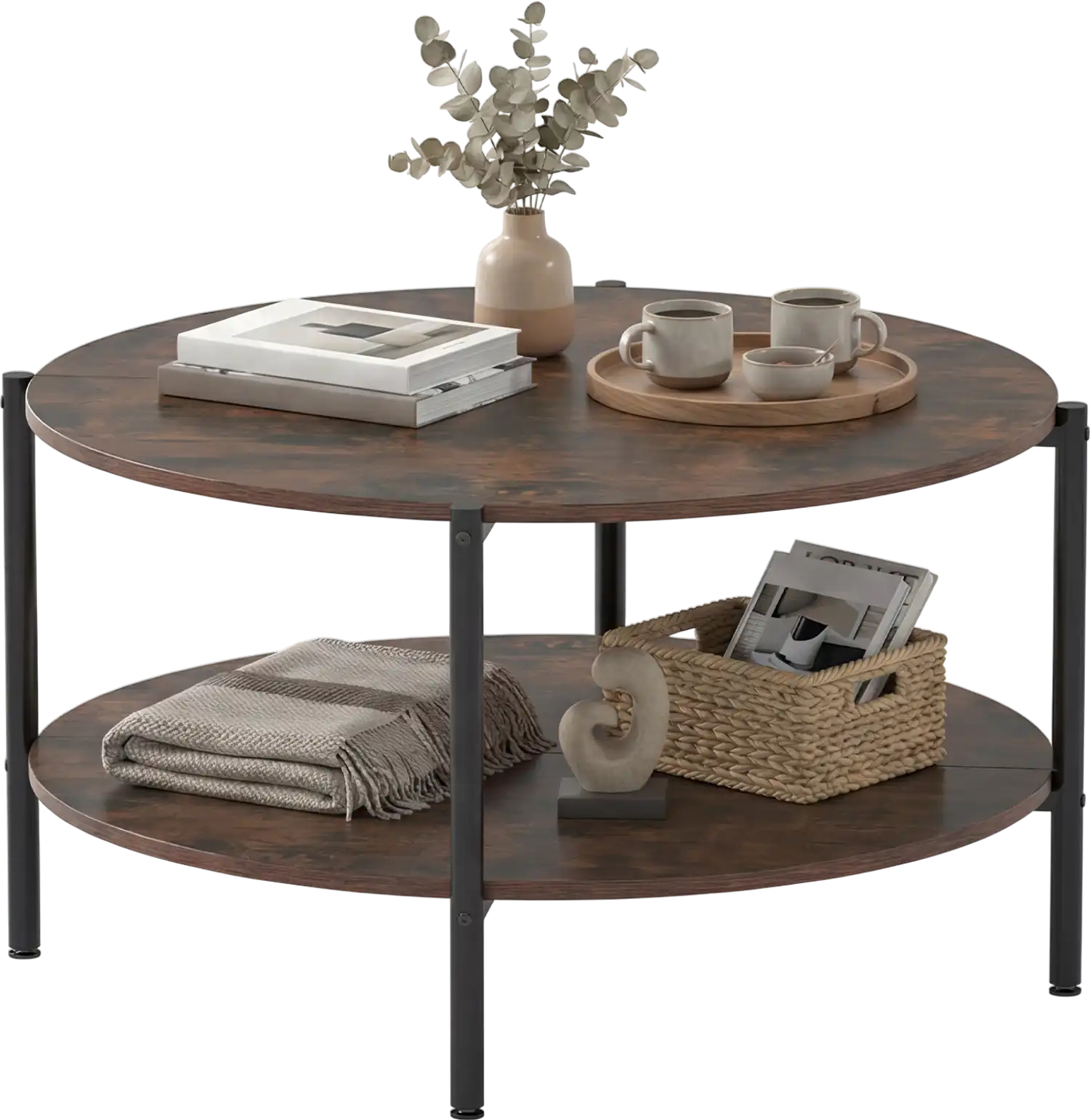 Costway Round 2-Tier Industrial Coffee Table Open Storage Shelf 58753656 New