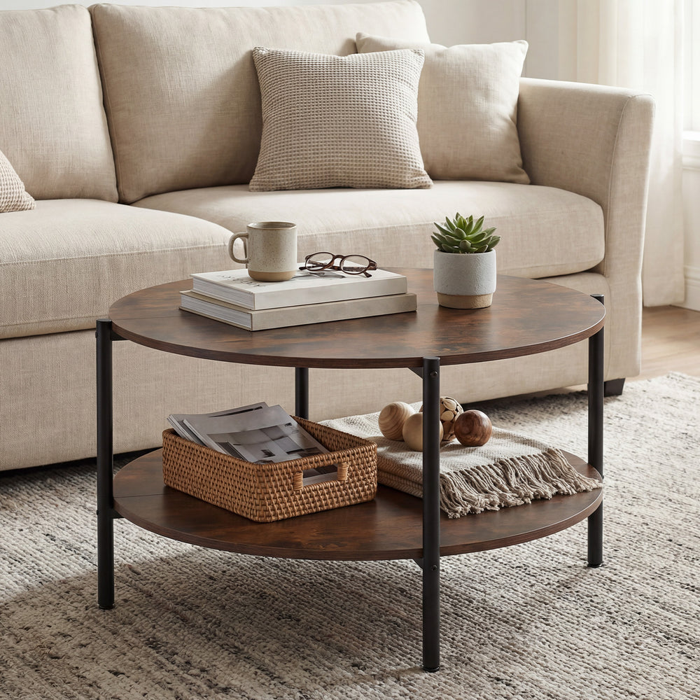 Round coffee table in rustic brown with a spacious tabletop and a stylish open shelf, perfect for modern living rooms.