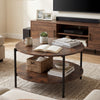 Round coffee table in rustic brown with open storage shelf, perfect for living room essentials and easy maintenance.