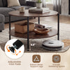 Round coffee table with adjustable foot pads and ample clearance, designed for easy cleaning and modern rustic style.