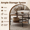Round coffee table with rustic brown finish, featuring a spacious tabletop and bottom shelf for ample storage in living.