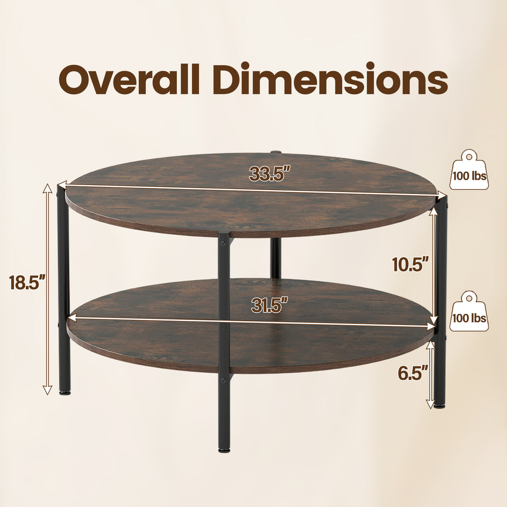 Overall dimensions of rustic brown round coffee table, featuring a spacious top and lower shelf, suitable for living.