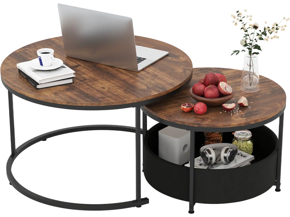 Round coffee table set of 2 with dual tabletops and storage basket, ideal for living rooms and space-saving.