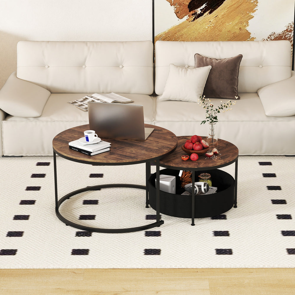 Round coffee table set of 2 with dual tabletops and a storage basket, perfect for flexible living room arrangements.