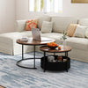 Round coffee table set of 2 with dual tabletops and storage basket, perfect for flexible living room arrangements.