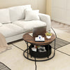 Round coffee table set with dual tabletops and storage basket, ideal for living rooms and space-saving arrangements.