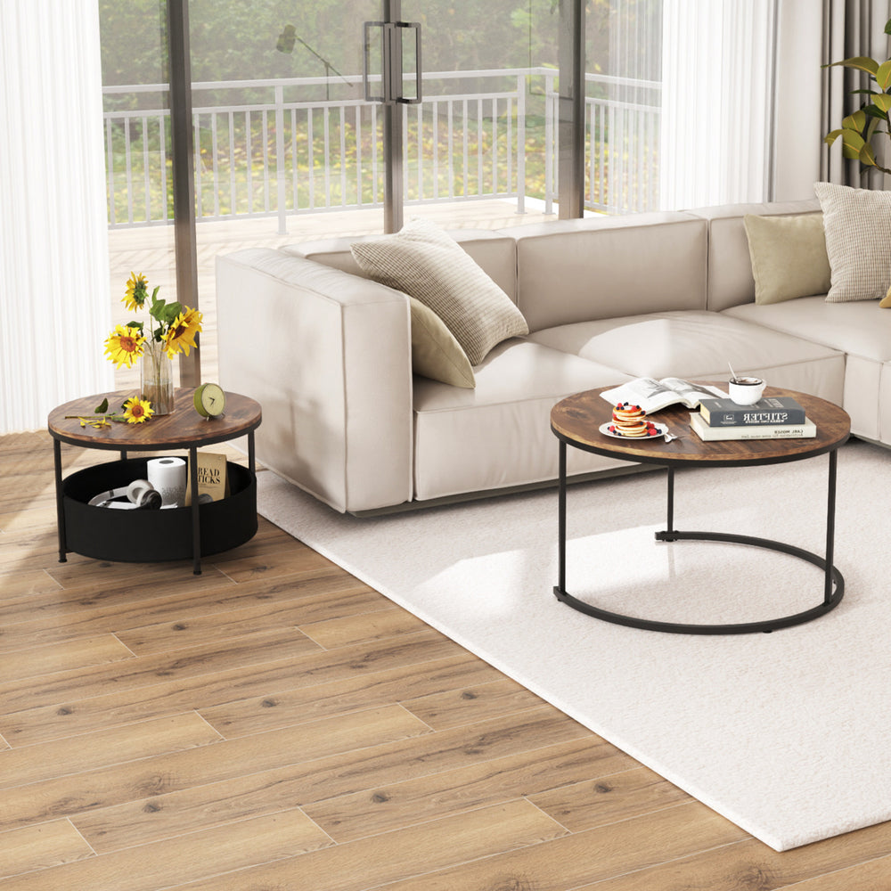 Round coffee table set of 2 with dual tabletops and storage basket, ideal for flexible living room arrangements.