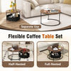 Round coffee table set of 2 with dual tabletops and storage basket, shown in half-nested arrangement for space-saving.