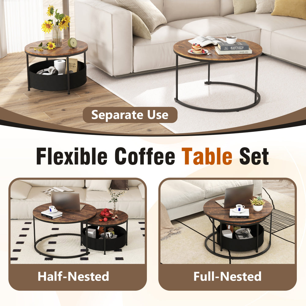 Round coffee table set of 2 with dual tabletops and storage basket, shown in half-nested arrangement for space-saving.