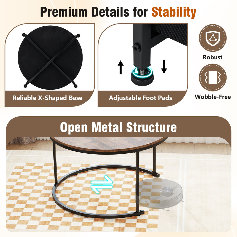Round coffee table set of 2 with open metal structure and adjustable foot pads for stability in living rooms.
