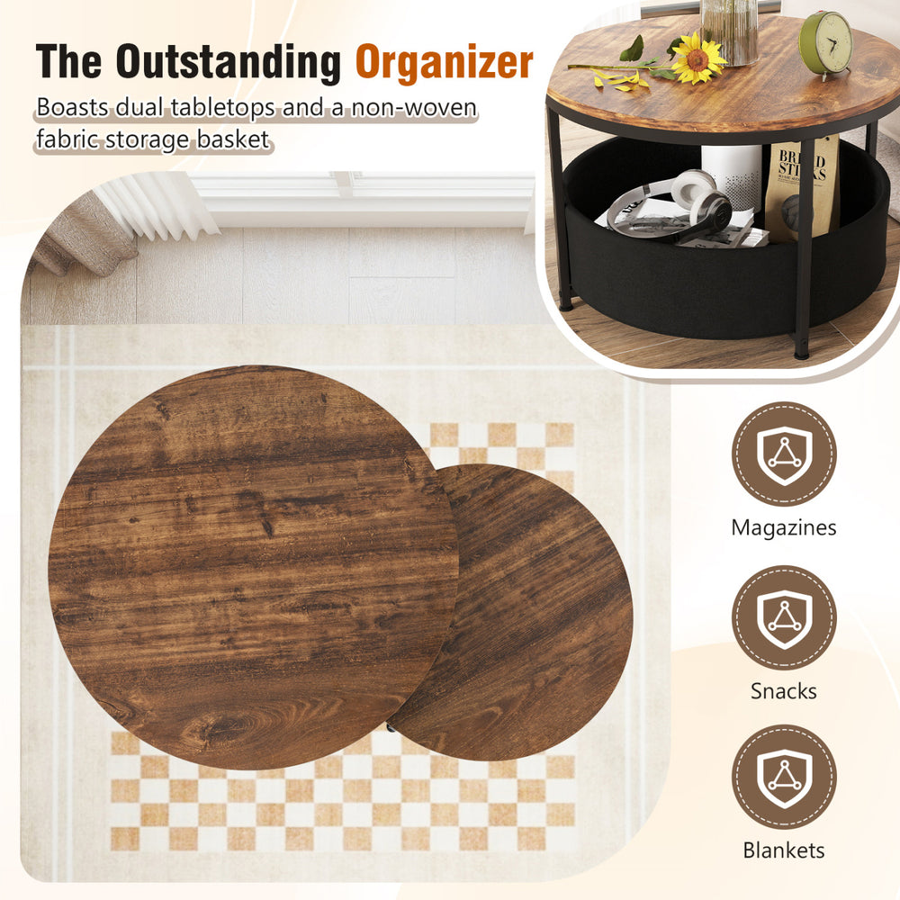 Round coffee table set of 2 with dual tabletops and a non-woven fabric storage basket for versatile living room use.