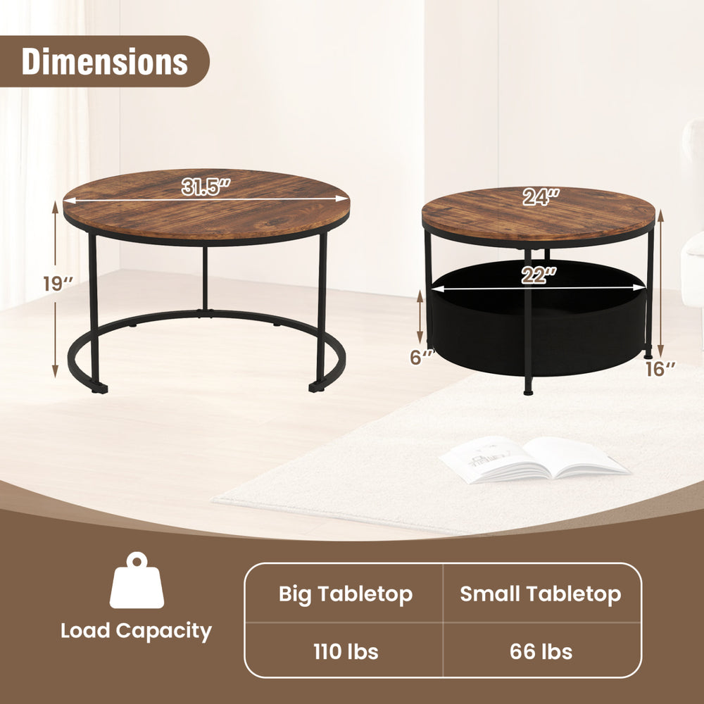 Round coffee table set of 2 with dual tabletops and storage basket, featuring a metal structure for stability and.