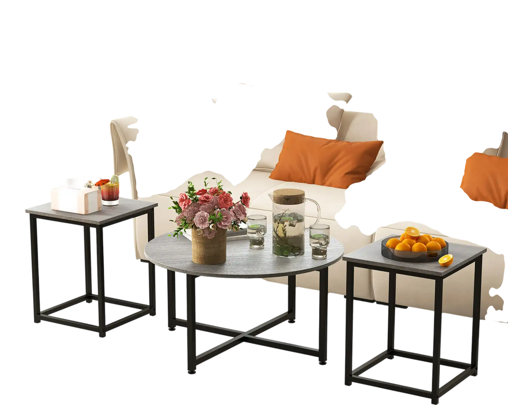 3-piece coffee table set featuring a round coffee table and two square end tables in gray, perfect for versatile.