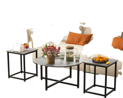 Costway 3-Piece Round Coffee Table Set w/ 2 Square End Tables Gray 19457836 New