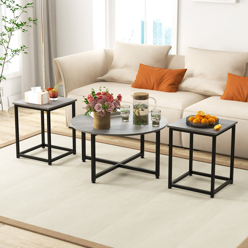3-Piece Coffee Table Set Round Coffee Table and 2PCS Square End Tables-Gray - Gallery View 1 of 10