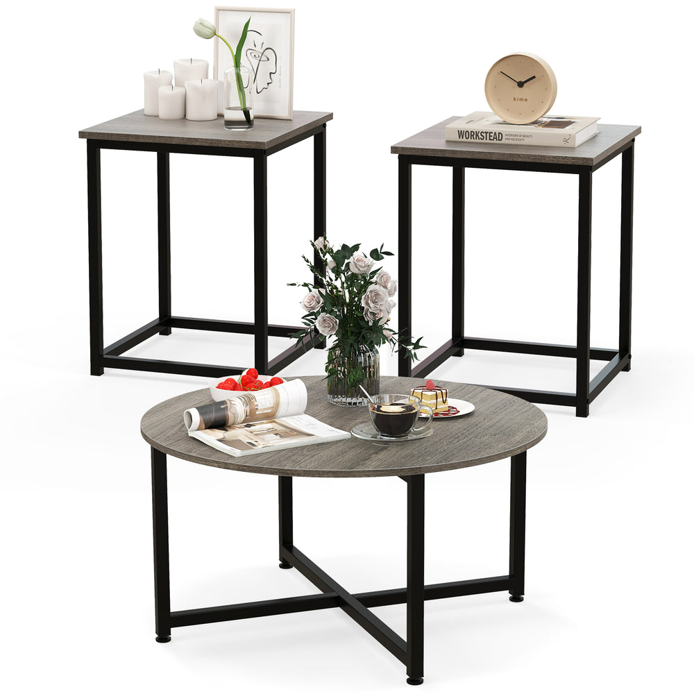 3-piece coffee table set featuring a round coffee table and two square end tables in gray with a stylish metal frame.