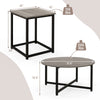 Gray round coffee table and two square end tables with dimensions, featuring a powder-coated metal frame for stability.