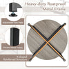Round coffee table with X-shaped metal frame, gray finish, and adjustable foot pads for stability and style.