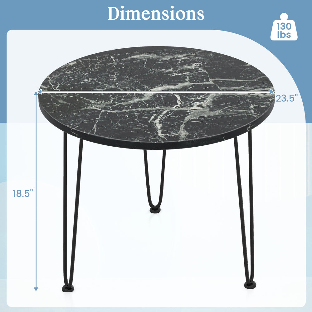 Round coffee table with black faux marble top and metal tripod legs, ideal for small spaces and modern living rooms.