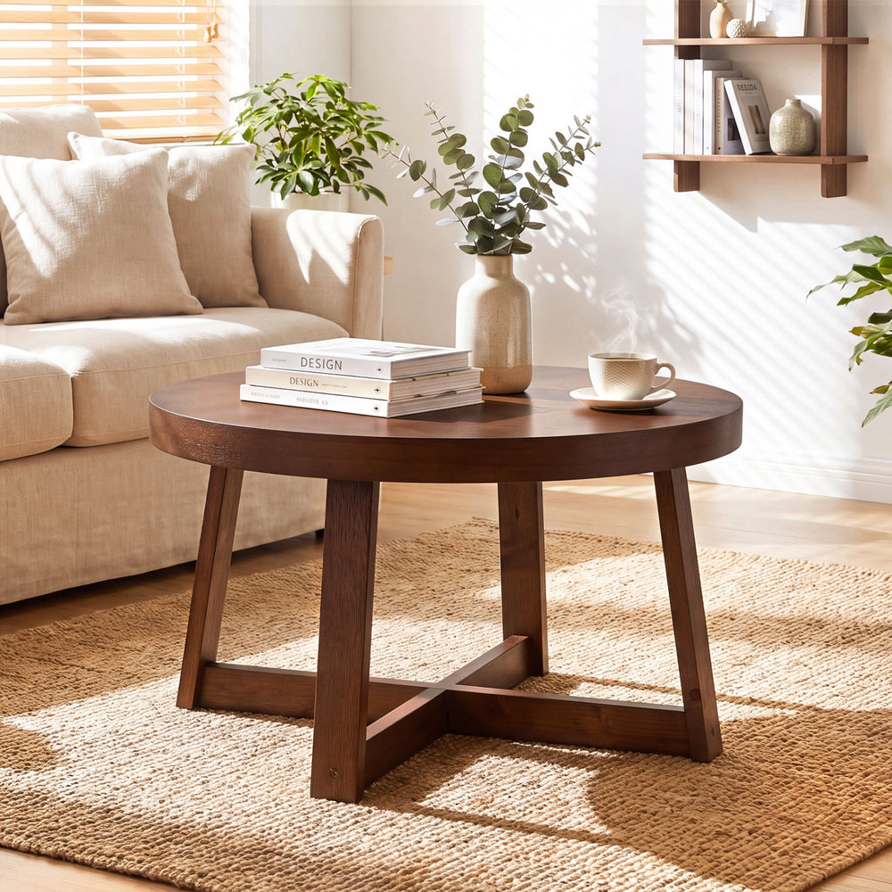 Round Coffee Table for Living Room 30 inch Farmhouse Accent Table with Study Rubber Wood Legs-Walnut - Gallery View 1 of 10