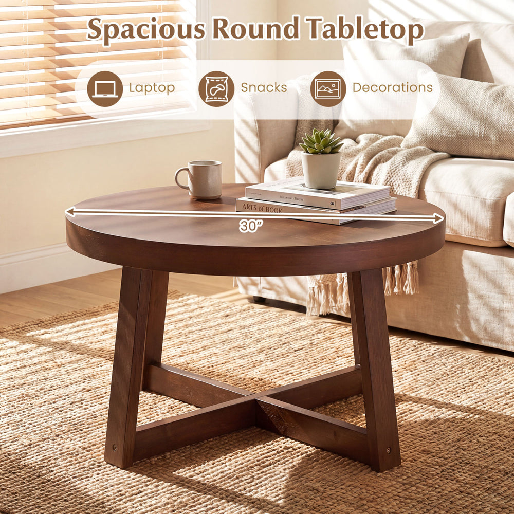 Round coffee table with a 30-inch walnut tabletop and sturdy rubber wood legs, perfect for living room organization.