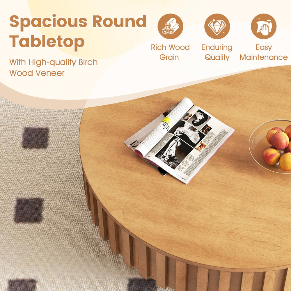 Spacious round tabletop of the modern wooden drum coffee table with hidden storage, featuring rich birch wood veneer.