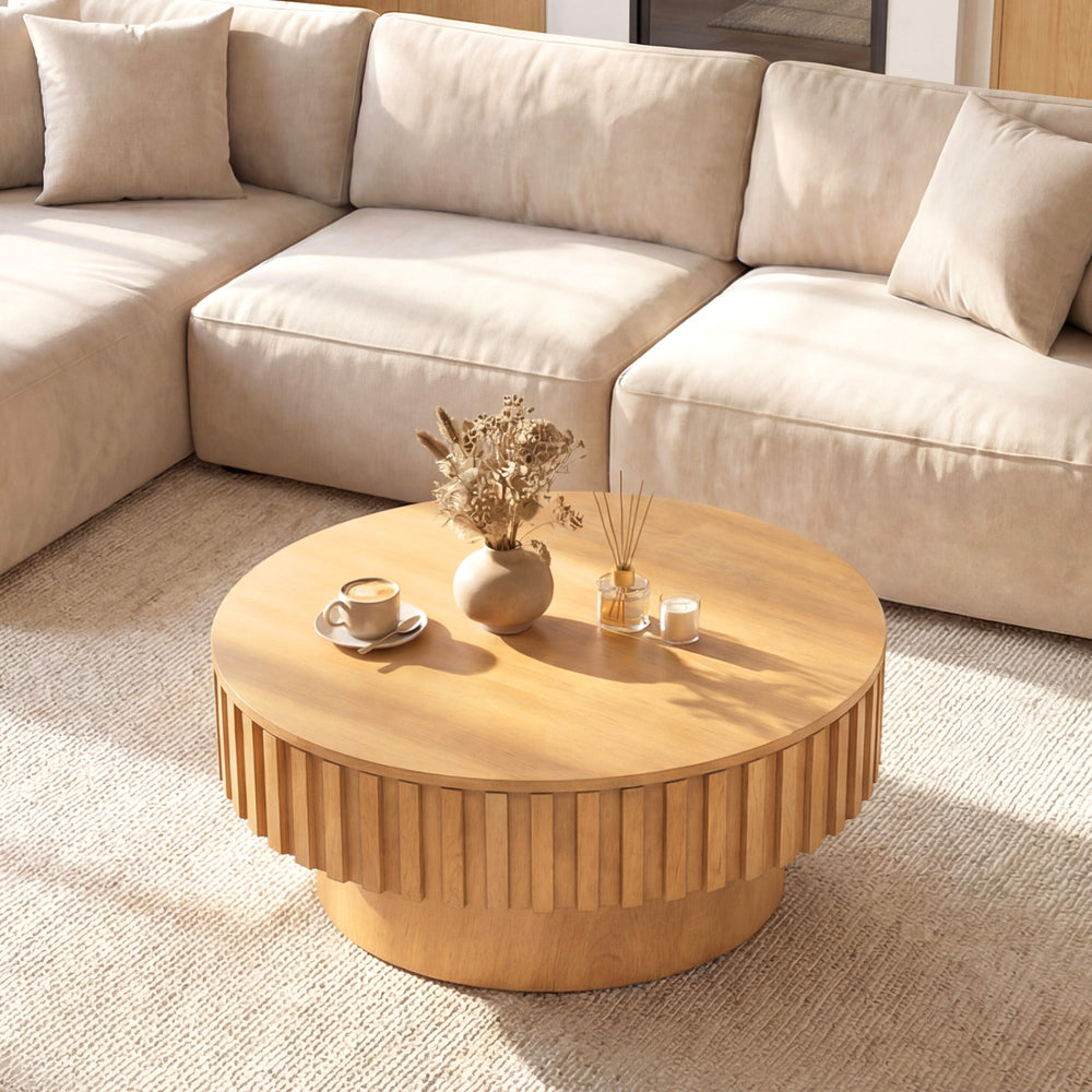 Round Coffee Table with Storage Modern Wooden Drum Coffee Table with Hidden Compartment-Natural - Gallery View 1 of 10