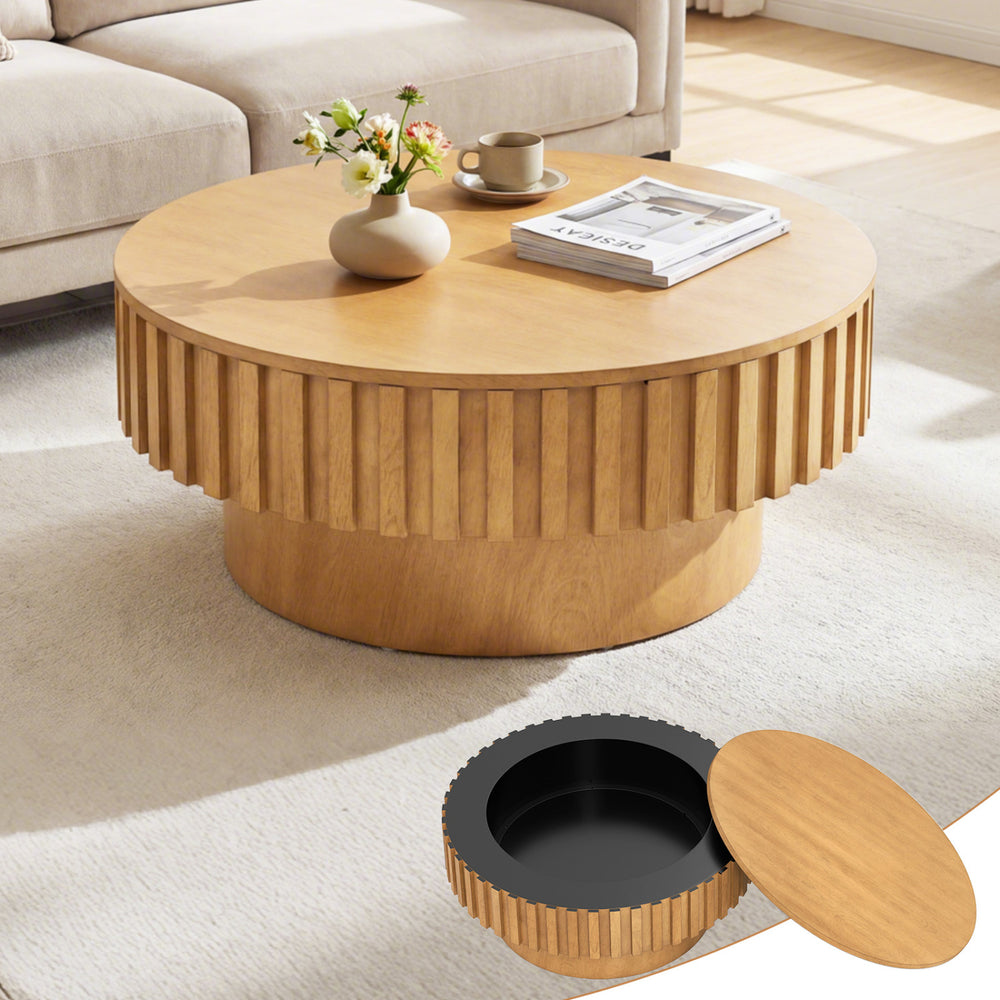 Round coffee table with fluted rubber wood accents and hidden storage, perfect for organizing living room essentials.