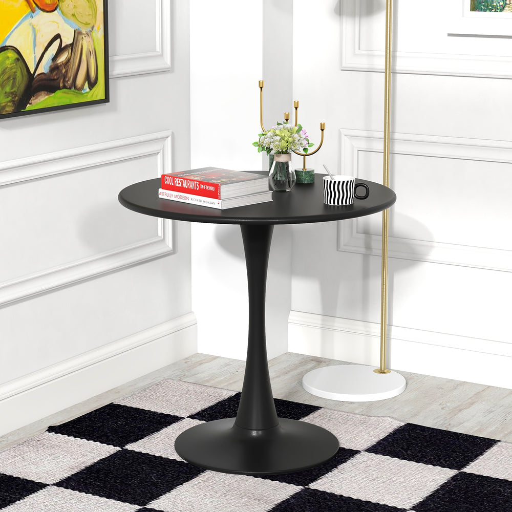 Round 31.5-inch black dining table with smooth surface and anti-slip base, perfect for dining or casual gatherings.