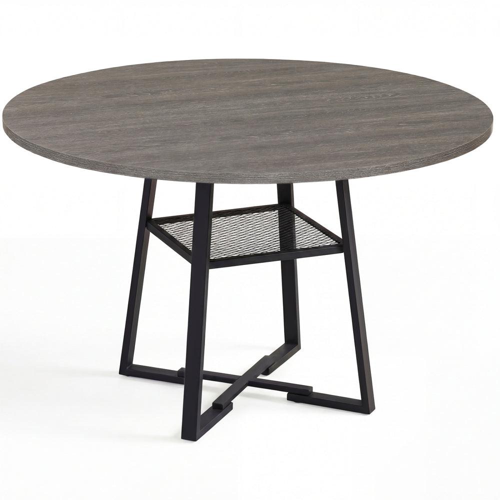 Round dining table for 4-6 in gray with metal legs and storage shelf, perfect for family gatherings.