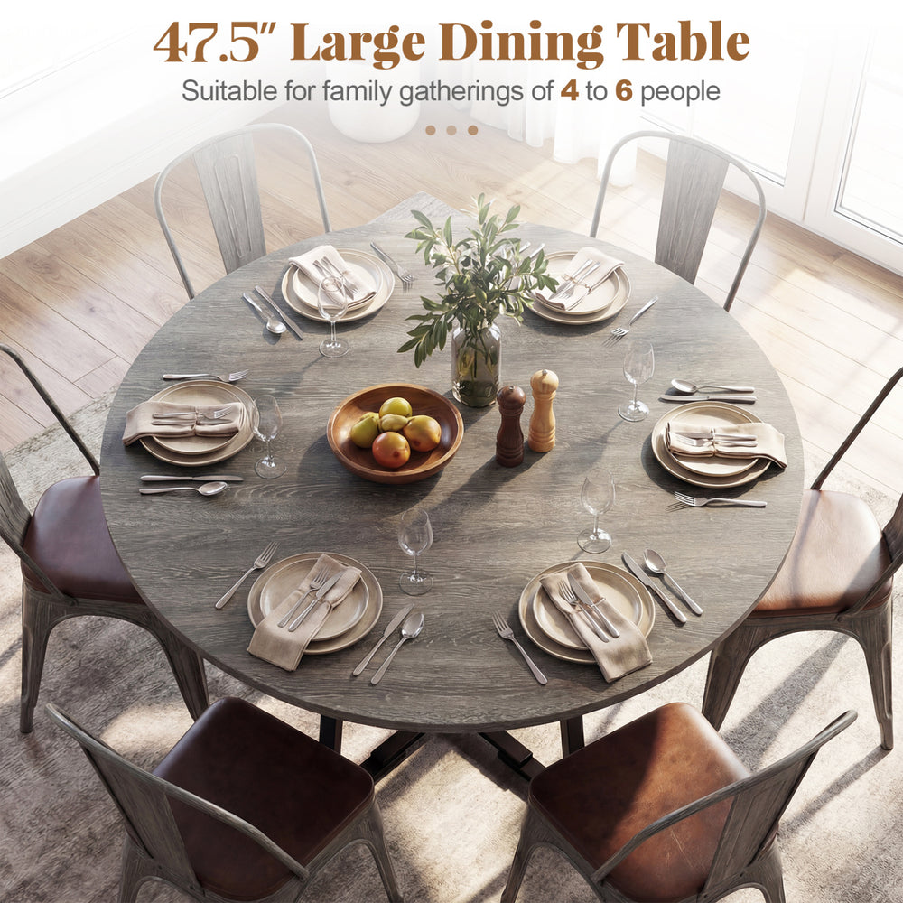 Round 47.5" gray dining table for 4-6 with metal legs and storage shelf, perfect for family gatherings.