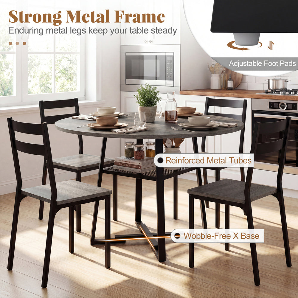 Round dining table for 4-6 with gray finish, metal legs, storage shelf, and adjustable foot pads for stability.