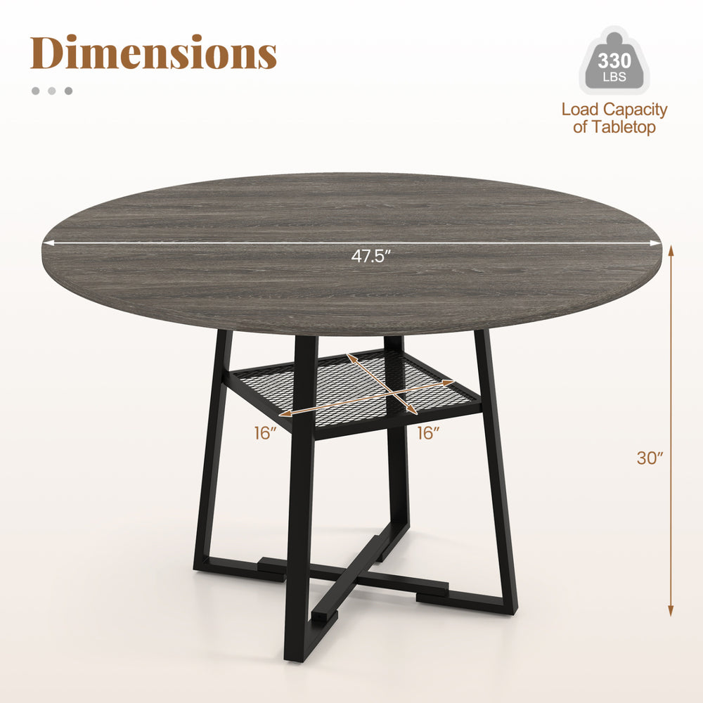 Round dining table with gray finish, 47.5" diameter, metal legs, and storage shelf for 4-6 people.