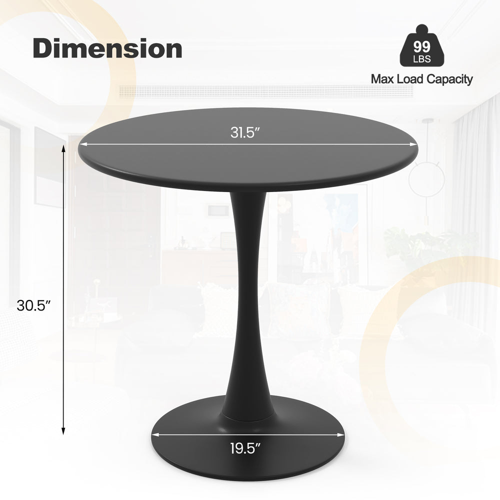 Round 31.5-inch black dining table with smooth surface, metal construction, and anti-slip PP ring for stability.