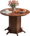 Round walnut dining table with pedestal base, suitable for 4-6 people, featuring a spacious and elegant design.