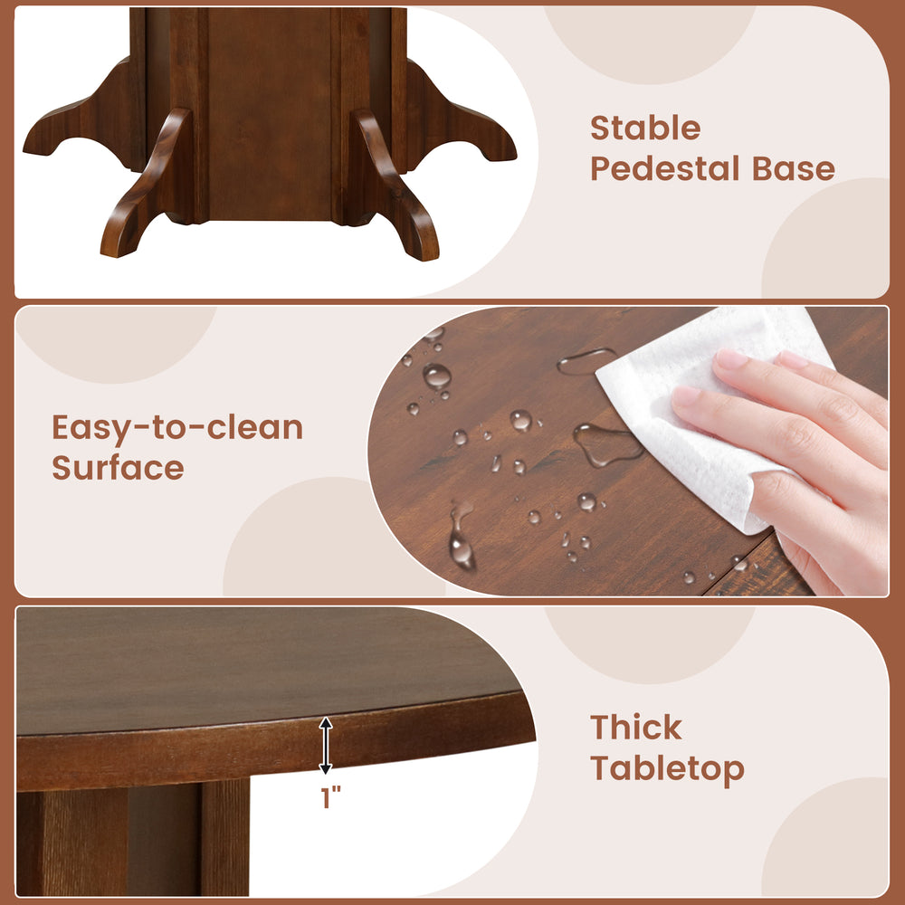 Round dining table with a walnut finish, featuring a stable pedestal base and easy-to-clean waterproof surface for 4-6.