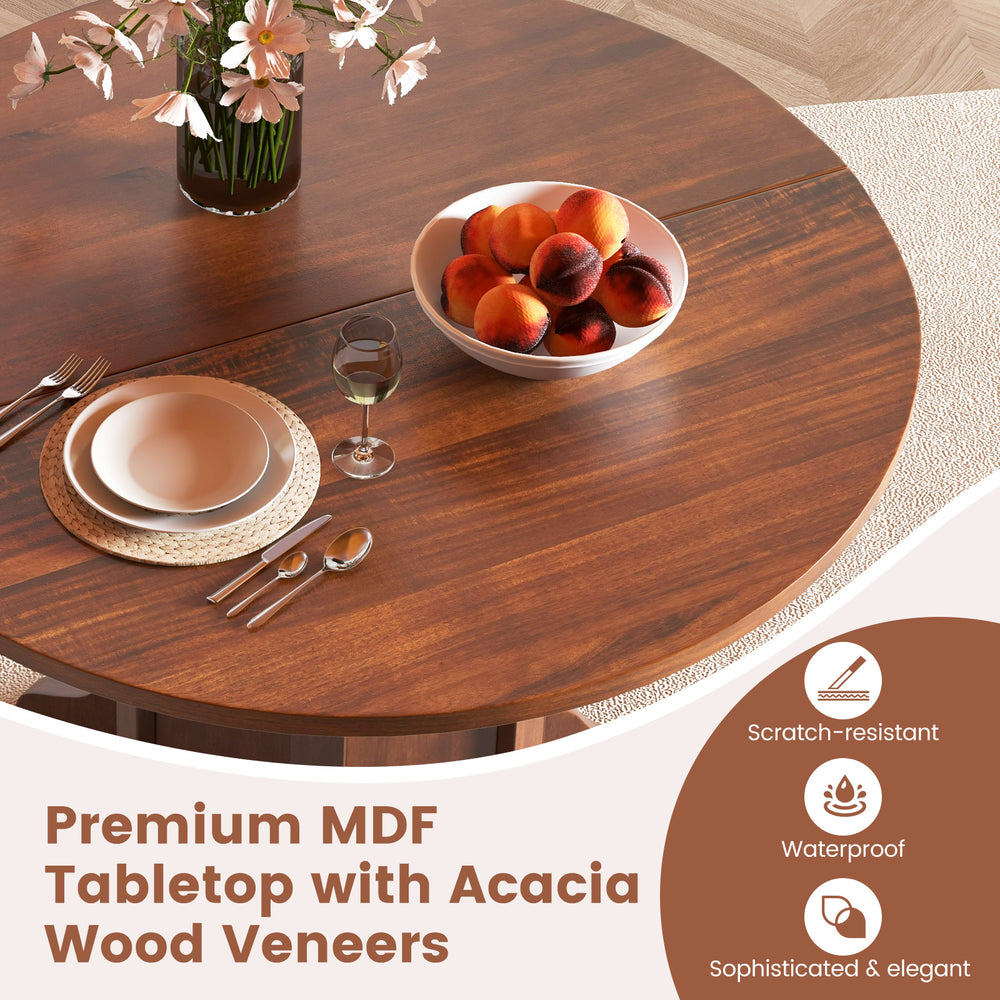Round dining table with walnut acacia wood veneers, featuring a sturdy pedestal base for 4-6 people, ideal for elegant.