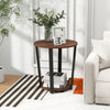 Round end table with walnut top and metal frame, featuring an open shelf for storage, ideal for living room decor.