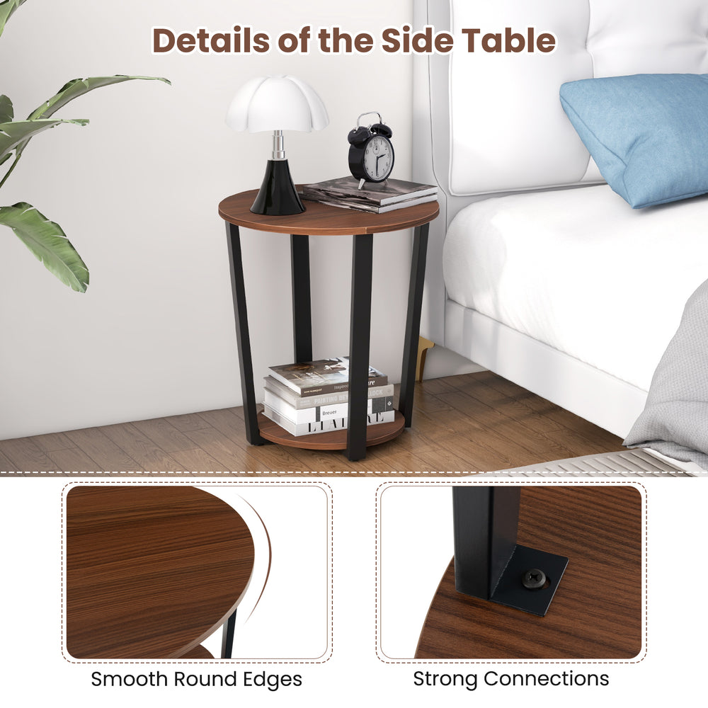 Round end table with walnut finish, metal frame, and open shelf, featuring smooth edges and strong connections for.