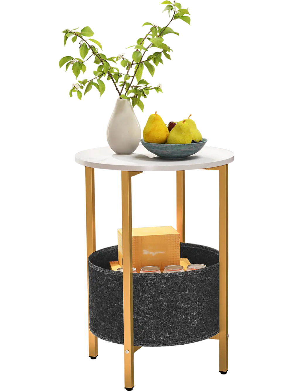 Round end table with a white top and removable black felt basket, perfect for living rooms and bedrooms.