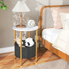 Round end table with a white top, metal frame, and removable felt basket for storage, ideal for bedrooms or living.