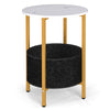 Round end table with a white marble top and removable black felt basket, perfect for living rooms and bedrooms.
